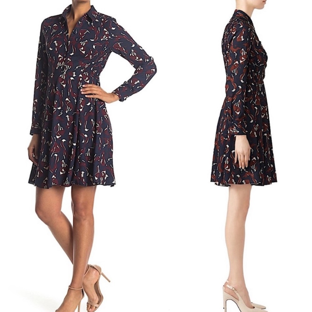 KATE SPADE Navy Smocked Fox Print Long Sleeve Pippa Middleton Shift Dress Sz 4 - Picture 13 of 16